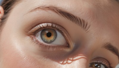 solo,looking at viewer,brown hair,1boy,brown eyes,yellow eyes,male focus,blurry,eyelashes,close-up,reflection,realistic,eye focus,1girl,teeth