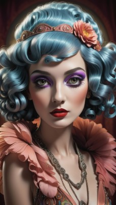 1girl,solo,breasts,looking at viewer,short hair,hair ornament,cleavage,brown eyes,jewelry,blue hair,upper body,flower,hairband,earrings,small breasts,hair flower,necklace,lips,eyelashes,makeup,tiara,feathers,lipstick,eyeshadow,curly hair,realistic,red lips,eyeliner,mascara,aqua hair