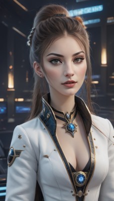 1girl,solo,long hair,breasts,looking at viewer,brown hair,cleavage,brown eyes,jewelry,medium breasts,jacket,upper body,ponytail,earrings,parted lips,choker,necklace,hair bun,blurry,lips,eyelashes,blurry background,white jacket,brooch,gem,forehead,freckles,realistic,nose,red lips,bangs,shirt,long sleeves,artist name,makeup,lipstick,pendant,eyeshadow,eyeliner