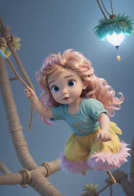 1girl,solo,long hair,looking at viewer,smile,open mouth,blue eyes,skirt,blonde hair,simple background,brown hair,shirt,holding,full body,flower,short sleeves,parted lips,shorts,tree,puffy short sleeves,blue background,blue shirt,child,curly hair,female child,puffy sleeves,fur trim,watermark,aged down,rope,web address,light bulb,hanging