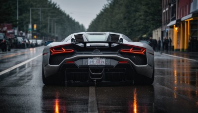 outdoors,blurry,tree,no humans,blurry background,ground vehicle,building,scenery,motor vehicle,reflection,rain,car,road,vehicle focus,lamppost,street,sports car,sky,night,wheel