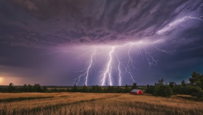 outdoors,sky,cloud,tree,no humans,cloudy sky,grass,nature,scenery,forest,sunset,electricity,lightning,umbrella,horizon,field,landscape