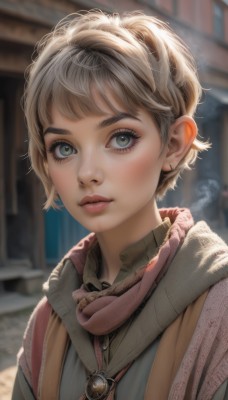 1girl,solo,looking at viewer,short hair,bangs,blue eyes,blonde hair,jewelry,closed mouth,green eyes,upper body,earrings,outdoors,day,necklace,scarf,blurry,lips,grey eyes,eyelashes,depth of field,blurry background,pendant,freckles,realistic,nose,blush,parted lips,artist name,thick eyebrows,messy hair,portrait