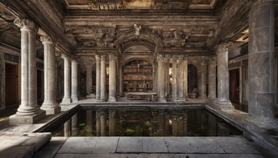 indoors,water,no humans,window,sunlight,building,scenery,reflection,light rays,stairs,door,candle,architecture,ruins,bridge,pillar,arch,column,plant,railing,statue