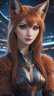 1girl,solo,long hair,breasts,looking at viewer,bangs,brown hair,animal ears,cleavage,brown eyes,jewelry,medium breasts,closed mouth,green eyes,yellow eyes,upper body,earrings,artist name,necklace,orange hair,mole,blurry,lips,animal ear fluff,fur trim,fox ears,eyelashes,makeup,lipstick,fox girl,gem,freckles,red lips,armor,realistic,nose