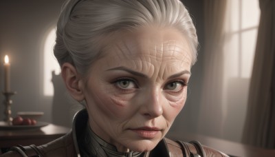 1girl,solo,looking at viewer,short hair,closed mouth,green eyes,white hair,grey hair,food,indoors,hair bun,armor,blurry,lips,grey eyes,window,fruit,depth of field,blurry background,scar,single hair bun,portrait,scar on face,freckles,realistic,nose,candle,old,old woman,wrinkled skin,collar,eyelashes,shadow,sunlight,curtains,genderswap,genderswap (mtf),old man,candlelight