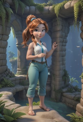 1girl,solo,long hair,breasts,looking at viewer,smile,brown hair,shirt,hair ornament,bare shoulders,brown eyes,standing,full body,ponytail,small breasts,outdoors,sleeveless,belt,pants,water,lips,toes,bird,sandals,plant,denim,freckles,capri pants,blue eyes,white shirt,feet,night,jeans,blue pants,brown belt