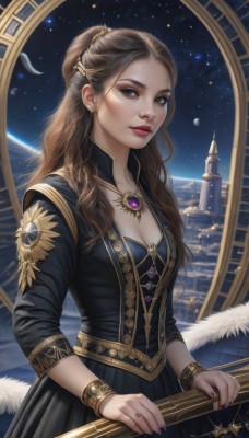 1girl,solo,long hair,breasts,looking at viewer,brown hair,hair ornament,dress,cleavage,brown eyes,jewelry,medium breasts,earrings,parted lips,sky,necklace,nail polish,black dress,bracelet,lips,grey eyes,makeup,night,moon,ring,feathers,brooch,gem,star (sky),night sky,starry sky,gold trim,realistic,fantasy,space,planet,earth (planet)