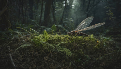 outdoors, wings, blurry, tree, no humans, depth of field, bug, nature, scenery, forest, antennae, insect wings