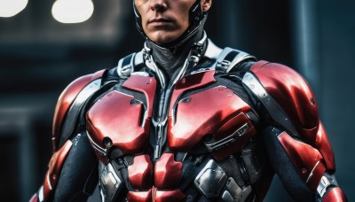 solo,1boy,closed mouth,upper body,male focus,armor,blurry,bodysuit,muscular,blurry background,helmet,science fiction,realistic,head out of frame,manly,power armor,black hair,dark skin,facial hair,facing viewer,superhero,red bodysuit