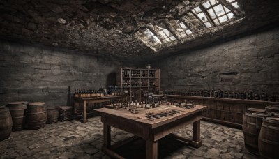 day,indoors,no humans,window,chair,table,sunlight,bottle,scenery,ruins,shelf,barrel,treasure chest,crate,wooden floor,fantasy,candle,wall,brick wall,stool,wooden table,stone wall,wood