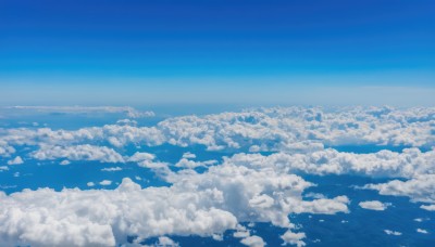 1girl,solo,monochrome,outdoors,sky,day,cloud,blue sky,no humans,cloudy sky,scenery,blue theme,horizon,landscape,above clouds,very wide shot,short hair,dress,water,ocean