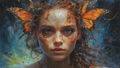 1girl,solo,long hair,looking at viewer,blue eyes,brown hair,hair ornament,closed mouth,braid,parted lips,artist name,lips,eyelashes,makeup,facial mark,bug,butterfly,portrait,realistic,nose,red lips,orange hair,freckles