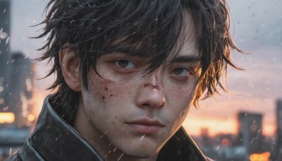 solo,looking at viewer,short hair,bangs,black hair,1boy,brown eyes,closed mouth,jacket,male focus,outdoors,blurry,black eyes,lips,wet,blood,depth of field,blurry background,building,portrait,freckles,rain,blood on face,city,realistic,nose,wet hair,hair between eyes,facial hair,messy hair,close-up,backlighting,snowing,stubble