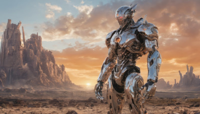 solo, red eyes, outdoors, sky, cloud, no humans, glowing, robot, scenery, mecha, science fiction, sunset, realistic, ruins, desert