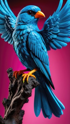 solo,looking at viewer,simple background,red eyes,closed mouth,full body,wings,from side,gradient,gradient background,pokemon (creature),no humans,bird,animal,pink background,feathers,red background,realistic,animal focus,talons,beak,feathered wings,claws,rock,spread wings