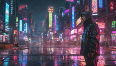 solo, 1boy, standing, jacket, male focus, outdoors, pants, hood, dutch angle, night, building, scenery, hood up, reflection, rain, city, sign, realistic, road, cityscape, street, cyberpunk, neon lights