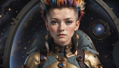 1girl,solo,looking at viewer,short hair,brown hair,brown eyes,jewelry,upper body,red hair,multicolored hair,earrings,parted lips,artist name,armor,two-tone hair,lips,portrait,star (sky),starry sky,freckles,science fiction,realistic,nose,space,spacesuit,green eyes,blue hair,star (symbol),orange hair,planet,dirty,mohawk