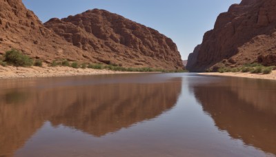 outdoors,sky,day,water,tree,blue sky,no humans,grass,nature,scenery,reflection,rock,mountain,river,landscape,lake,reflective water,beach,sand,shore,desert