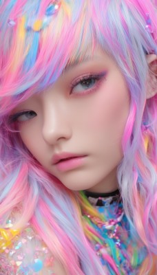 1girl,solo,long hair,looking at viewer,bangs,blue eyes,jewelry,blue hair,pink hair,multicolored hair,parted lips,choker,necklace,black eyes,two-tone hair,lips,grey eyes,eyelashes,makeup,swept bangs,lipstick,gem,portrait,close-up,eyeshadow,pink lips,realistic,nose,eyeliner,mascara,black choker,colorful