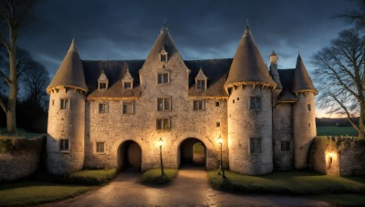 HQ,outdoors,sky,cloud,tree,no humans,window,night,cloudy sky,grass,building,night sky,scenery,road,house,lamppost,bare tree,castle,tower,path,church,fantasy,light,dark,arch