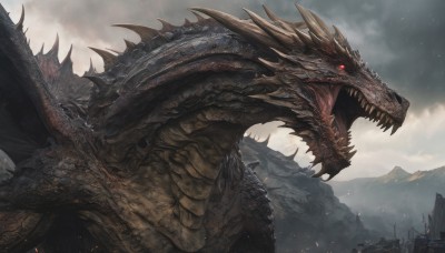 open mouth,red eyes,weapon,outdoors,wings,horns,sky,teeth,tongue,cloud,no humans,glowing,fangs,cloudy sky,sharp teeth,glowing eyes,spikes,monster,mountain,fantasy,dragon,scales,giant,solo,scenery