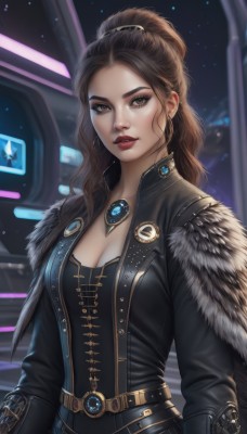 1girl,solo,long hair,breasts,looking at viewer,brown hair,long sleeves,cleavage,brown eyes,jewelry,medium breasts,jacket,upper body,ponytail,earrings,parted lips,open clothes,belt,blurry,lips,black jacket,fur trim,eyelashes,makeup,night,high ponytail,lipstick,brooch,gem,eyeshadow,realistic,nose,red lips,leather,artist name,signature,necklace,cape,star (sky),forehead,starry sky,science fiction