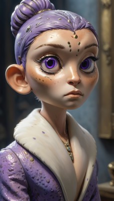 1girl,solo,looking at viewer,dress,jewelry,closed mouth,purple eyes,upper body,purple hair,necklace,hair bun,blurry,lips,eyelashes,blurry background,facial mark,single hair bun,purple dress,freckles,fur trim,child,forehead mark,realistic,nose,female child