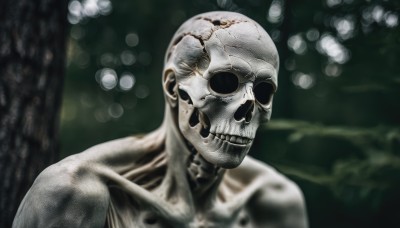 solo,smile,1boy,collarbone,upper body,male focus,teeth,grin,blurry,tree,depth of field,blurry background,portrait,skull,realistic,bald,skeleton,horror (theme),no humans,blood,veins