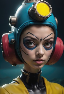 1girl,solo,looking at viewer,short hair,brown hair,brown eyes,artist name,signature,lips,eyelashes,bodysuit,makeup,mask,headphones,facial mark,helmet,portrait,realistic,nose,black bodysuit,yellow jacket,latex,black hair,jacket,upper body,freckles,facepaint