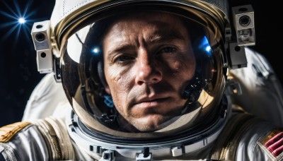 solo,looking at viewer,1boy,closed mouth,male focus,black eyes,facial hair,helmet,portrait,lens flare,reflection,science fiction,realistic,space,spacesuit,astronaut,blurry,close-up,planet,earth (planet),american flag,space helmet