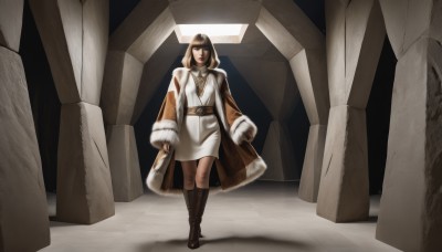 1girl,solo,long hair,looking at viewer,short hair,brown hair,black hair,long sleeves,dress,brown eyes,closed mouth,standing,full body,boots,belt,hood,coat,fur trim,brown footwear,knee boots,walking,pillar,tunic,column,bangs,holding,indoors,black footwear,white dress,cloak,robe