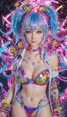 1girl,solo,long hair,breasts,looking at viewer,smile,bangs,blue eyes,large breasts,shirt,hair ornament,navel,cleavage,bare shoulders,twintails,jewelry,medium breasts,closed mouth,underwear,blue hair,standing,collarbone,panties,swimsuit,bikini,multicolored hair,cowboy shot,open clothes,choker,necklace,stomach,star (symbol),nail polish,bra,blurry,bracelet,lips,torn clothes,eyelashes,aqua hair,tattoo,blurry background,watermark,ass visible through thighs,wristband,pink lips,realistic,nose,arms at sides,short hair,hair between eyes,pink hair,earrings,collared shirt,artist name,two-tone hair,open shirt,gradient hair,makeup,piercing,ring,short twintails,web address,multicolored clothes,beads,star hair ornament,pink bikini,colorful,cyberpunk,multicolored bikini