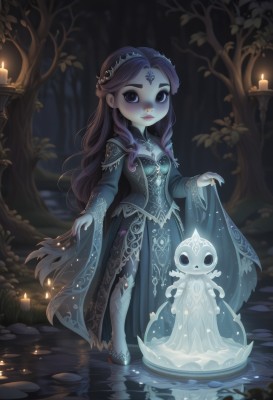 1girl,solo,long hair,breasts,looking at viewer,brown hair,hair ornament,long sleeves,dress,cleavage,jewelry,very long hair,closed mouth,green eyes,standing,full body,purple hair,small breasts,outdoors,artist name,wide sleeves,water,nail polish,high heels,tree,lips,makeup,night,blue dress,colored skin,facial mark,tiara,gem,pale skin,nature,eyeshadow,forest,skirt hold,blue skin,long dress,candle,blue eyes,multiple girls,2girls,purple eyes,braid,chibi,cape,black eyes,watermark,web address,forehead mark