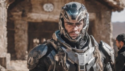 looking at viewer,brown hair,black hair,1boy,brown eyes,closed mouth,upper body,male focus,multiple boys,solo focus,dark skin,2boys,armor,blurry,lips,blurry background,facial hair,helmet,shoulder armor,realistic,old,power armor,closed eyes,portrait,science fiction,spacesuit