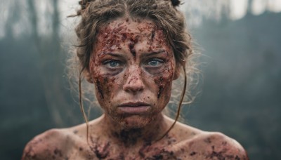 1girl,solo,looking at viewer,short hair,blue eyes,blonde hair,brown hair,1boy,closed mouth,male focus,nude,blurry,lips,blood,blurry background,portrait,blood on face,realistic,dirty,dirty face,collarbone,depth of field,facial hair,expressionless,injury