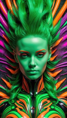 1girl,solo,long hair,looking at viewer,smile,closed mouth,green eyes,upper body,braid,green hair,lips,bodysuit,makeup,floating hair,colored skin,portrait,eyeshadow,eyeliner,green skin,orange hair,science fiction,realistic,space