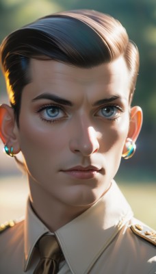 1girl,solo,looking at viewer,short hair,blue eyes,shirt,black hair,1boy,jewelry,closed mouth,white shirt,male focus,earrings,necktie,collared shirt,artist name,blurry,uniform,lips,looking to the side,military,eyelashes,military uniform,blurry background,sunlight,portrait,black necktie,realistic,nose,very short hair,undercut,brown hair,signature,grey eyes,depth of field,close-up,backlighting,epaulettes,brown necktie