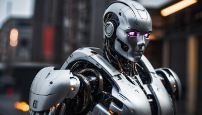 solo,purple eyes,upper body,pink eyes,mole,blurry,mole under eye,no humans,blurry background,glowing,robot,mecha,glowing eyes,1other,science fiction,android,robot joints,lights,humanoid robot,looking at viewer,depth of field,portrait,realistic,joints,cable,cyborg,cyberpunk,mechanical parts