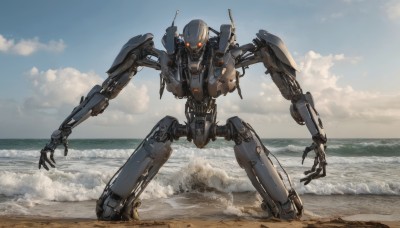 solo,red eyes,outdoors,sky,day,cloud,water,no humans,kneeling,glowing,ocean,beach,robot,mecha,glowing eyes,science fiction,sand,open hands,realistic,military vehicle,waves,shore,humanoid robot