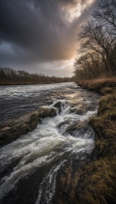 outdoors,sky,cloud,water,tree,no humans,ocean,cloudy sky,grass,nature,scenery,forest,mountain,bare tree,river,waves,landscape,sunlight,sunset,realistic,shore