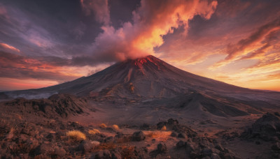 outdoors, sky, cloud, dutch angle, no humans, cloudy sky, scenery, sunset, mountain, landscape, molten rock