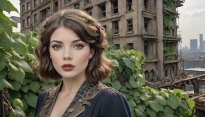 1girl,solo,looking at viewer,short hair,bangs,brown hair,gloves,brown eyes,jewelry,closed mouth,collarbone,upper body,outdoors,sky,day,lips,makeup,leaf,plant,lipstick,building,portrait,scenery,city,realistic,nose,fantasy,red lips,cityscape,vines,ivy,cloud,parted bangs,eyelashes,window