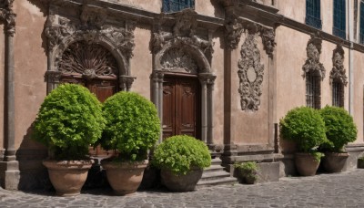 outdoors,day,tree,no humans,window,plant,building,scenery,stairs,door,potted plant,lamppost,pillar,statue,arch,bush,architecture,gate,column