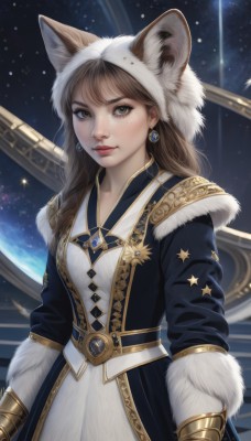 1girl,solo,long hair,looking at viewer,smile,bangs,brown hair,long sleeves,hat,dress,animal ears,brown eyes,jewelry,closed mouth,standing,earrings,sky,artist name,star (symbol),white dress,lips,coat,fur trim,fake animal ears,gauntlets,gem,star (sky),starry sky,freckles,animal hood,nose,winter clothes,space,planet,breasts,hood,realistic