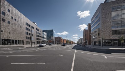 outdoors,sky,day,cloud,tree,blue sky,no humans,window,shadow,sunlight,cloudy sky,ground vehicle,building,scenery,motor vehicle,city,sign,car,road,cityscape,lamppost,street,road sign,traffic light,crosswalk,real world location,light rays