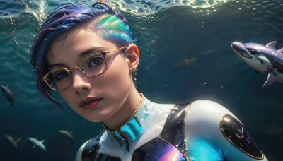 1girl,solo,looking at viewer,short hair,blue eyes,jewelry,blue hair,multicolored hair,earrings,parted lips,glasses,dark skin,water,black eyes,lips,bodysuit,makeup,animal,lipstick,portrait,fish,bubble,underwater,realistic,nose,air bubble,yellow-framed eyewear,upper body,teeth,artist name,sunlight,light rays