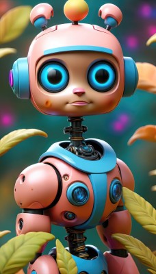 solo,looking at viewer,open mouth,blue eyes,standing,blurry,no humans,depth of field,blurry background,leaf,robot,mecha,android,robot joints,humanoid robot,non-humanoid robot,1girl,upper body,parted lips,feathers,joints