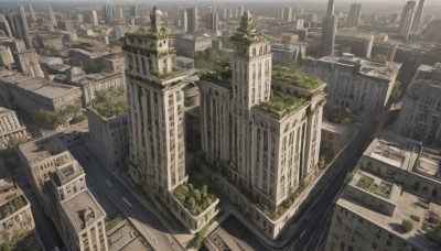 outdoors,sky,tree,no humans,building,scenery,city,cityscape,ruins,bridge,skyscraper,from above,river