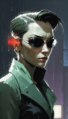 1girl,solo,short hair,black hair,jacket,upper body,outdoors,vest,lips,wet,headphones,sunglasses,wet clothes,rain,realistic,nose,wet hair,cyberpunk,aviator sunglasses,breasts,closed mouth,shiny,blurry,from side,night,blurry background,backlighting,science fiction,green jacket,cyborg